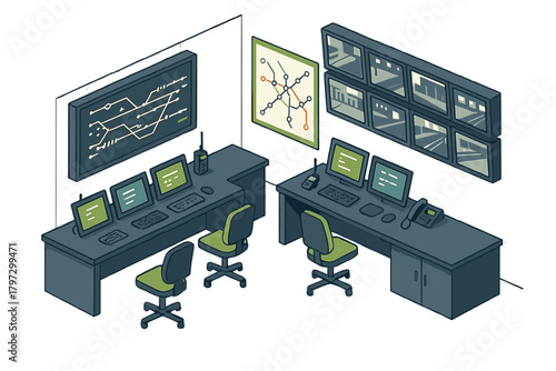 Empty public transportation control room with computer monitors and surveillance screens