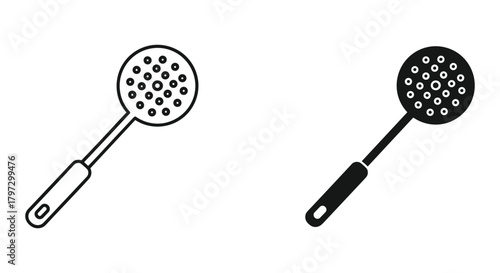 Skimmer icon outline and solid illustration. kitchen utensil for food preparation and cooking. minimalist graphic design element for web, print, app.