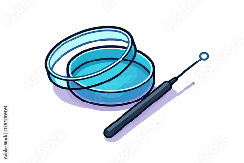 Microbiology laboratory tools showing a glass petri dish and a bacterial inoculation loop