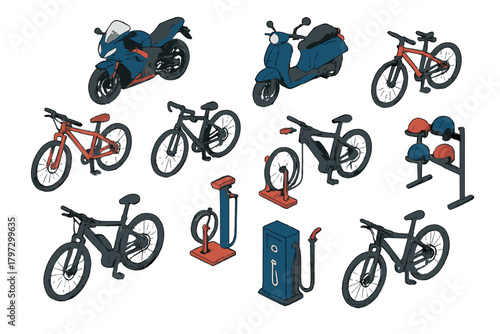 Collection of personal transportation vehicles including motorcycles, scooters, bicycles, and maintenance tools