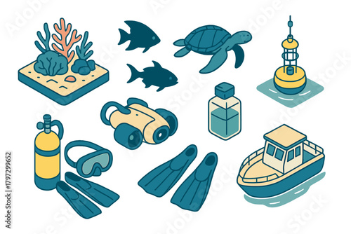 Isometric icons of diving equipment, marine life, coral reef, and ocean navigation elements