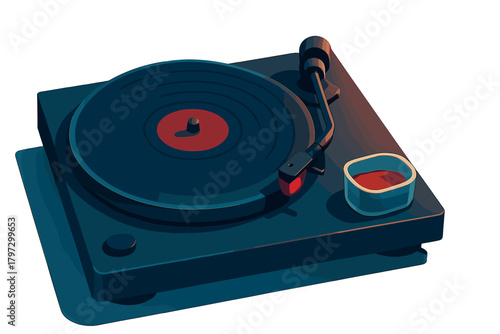Classic analog turntable playing a vinyl record in dark blue and red dramatic lighting