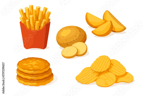 Various potato products collection including french fries, chips, wedges, and hash browns