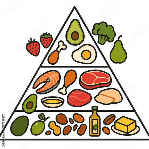 Nutritional food pyramid showing healthy fats, proteins, and low-carbohydrate foods for a ketogenic diet plan
