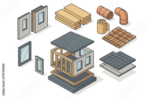 Isometric house construction showing building materials and architectural components