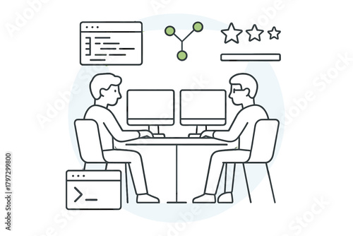 Two developers collaborating on computers with programming and interface icons