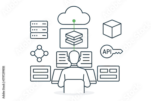 Cloud computing infrastructure management and software development workflow diagram