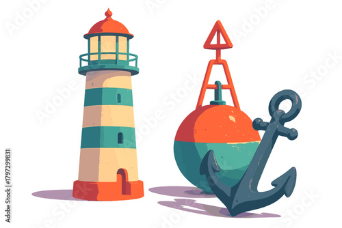 Colorful nautical symbols featuring a striped lighthouse, marine buoy, and heavy metal anchor