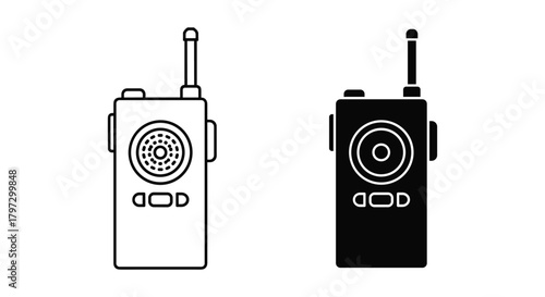 Walkie talkie radio communication device outline and solid icon set. two way portable transceiver symbol.