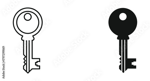 Simple classic outline and solid fill key icons representing security, access, unlocking solutions, and discovery.