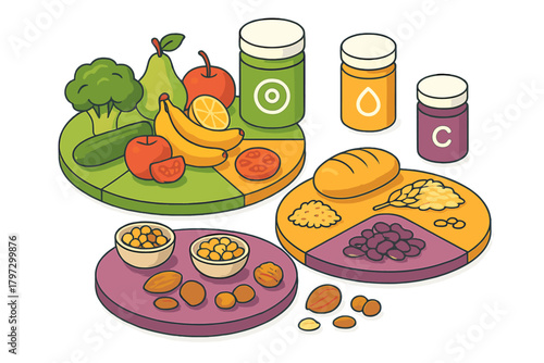 Isometric view of essential food groups including fresh produce, whole grains, legumes, nuts, and nutritional supplements