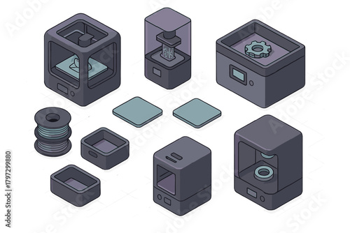 Isometric collection of 3D printing machines and components for additive manufacturing