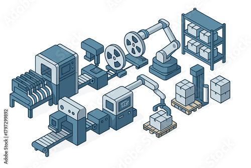 Automated smart factory production line with robotic arms and conveyor belts handling packages