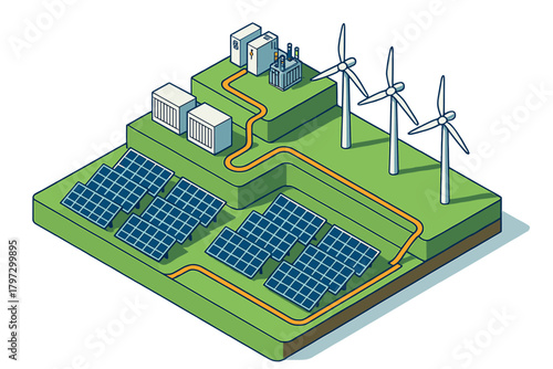 Isometric diagram showing renewable energy system with solar panels, wind turbines, battery storage, and power transformer