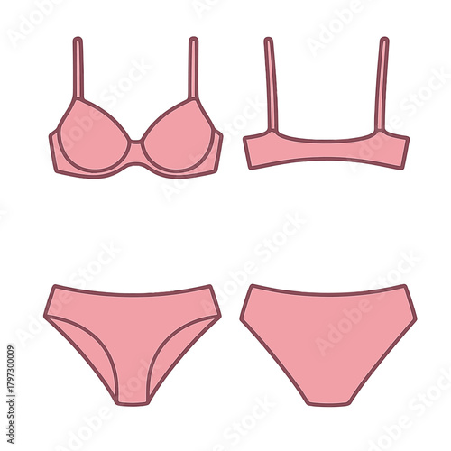 Stylish pink women's intimate apparel set featuring a bra and two panties
