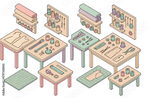 Tailoring and sewing workshop equipment including fabric rolls, thread, patterns, and cutting tools arranged on tables