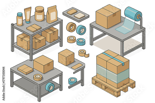 Isometric view of packaging supplies, including cardboard boxes, sealing tape, stretch film, and products stored on shelves and a wooden