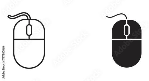 Computer mouse icon set, featuring both outline and solid filled vector graphic designs for digital interface