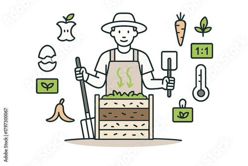 Farmer creating nutrient-rich compost from food scraps and garden materials