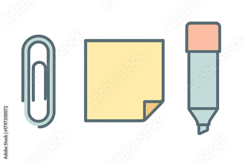 Paperclip sticky note and highlighter pen set for and school supplies