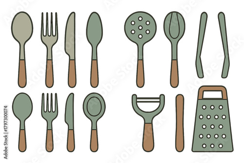 Collection of kitchen tools and dining cutlery including spoons forks knives grater and ladle