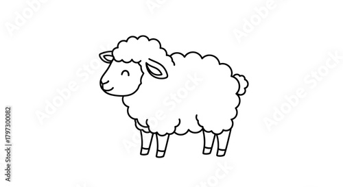 Adorable lamb line art illustration. A cute and simple black and white cartoon sheep outline for a coloring page, isolated on a white background
