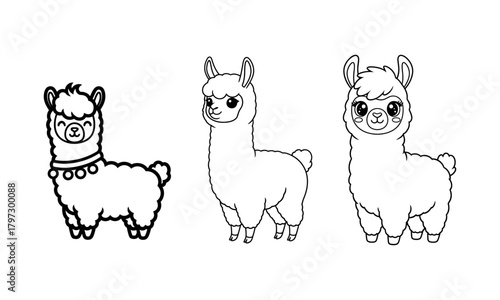 Cute llama and alpaca characters in a kawaii line art style. A collection of three simple outline drawings for coloring pages or clip art