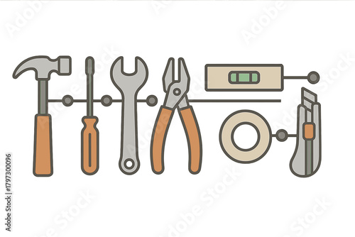 Set of essential construction and repair hand tools including hammer screwdriver and wrench
