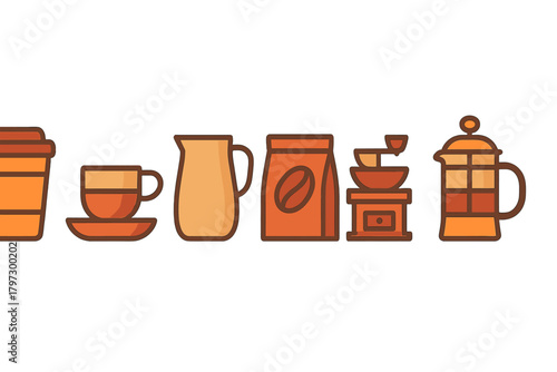 Collection of coffee making equipment icons including grinder, French press, and cups