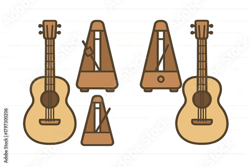 Collection of acoustic guitars and classic wooden metronomes for music practice and rhythm setting