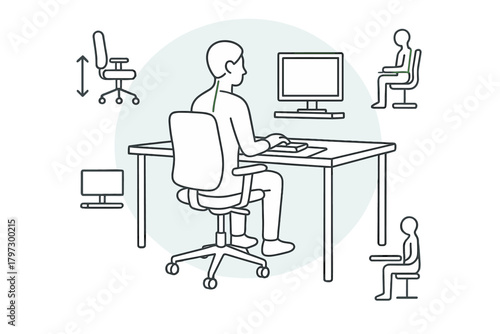 Ergonomic posture guide for workers sitting at a computer desk with adjustable chair and monitor setup