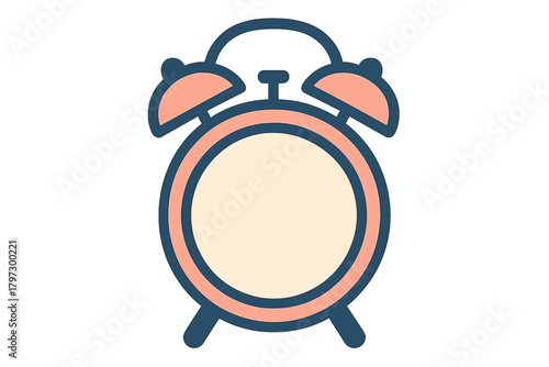 Simple retro alarm clock with twin bells and stylized color palette against a white background