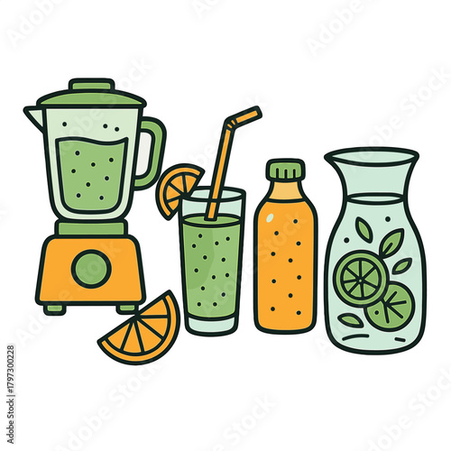 Healthy drink preparation items: blender, smoothie glass, juice bottle, and infused water carafe
