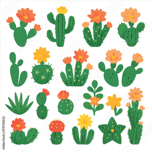 Vibrant assortment of colorful blooming cacti and succulents featuring desert flora