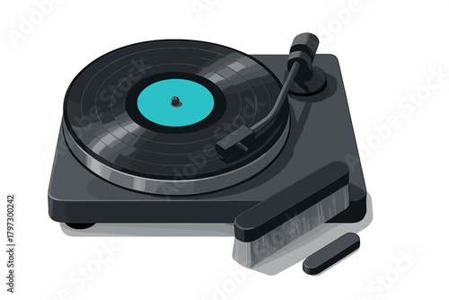 High angle view of a modern dark gray turntable playing a black vinyl record