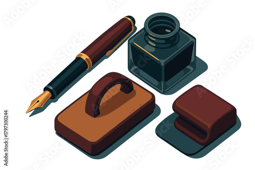 Classic fountain pen, dark inkwell, and vintage writing desk accessories set