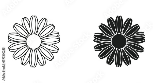 Stylized black and white daisy flower icons: one outlined, one solid fill, minimalist vector graphic design element.