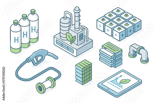 Isometric symbols for hydrogen energy production, green fuel, and sustainable technology