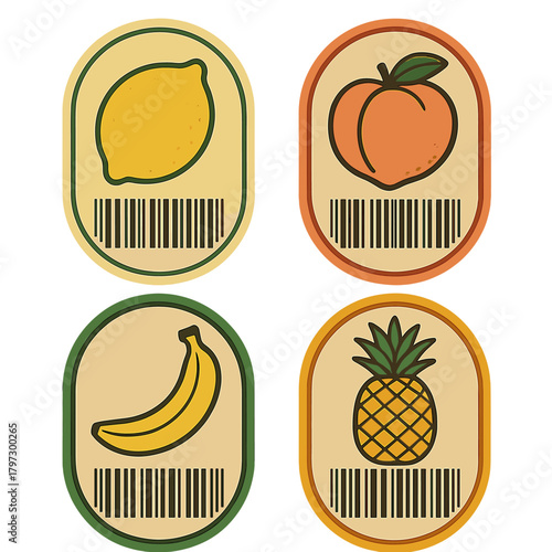 Retro fruit price tags with barcodes featuring lemon, peach, banana, and pineapple