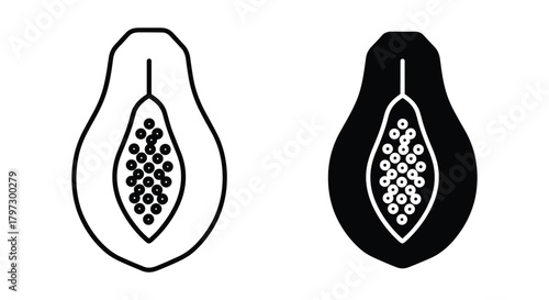 Papaya fruit outline and solid icon set. fresh tropical fruit symbol with seeds, healthy food vector.