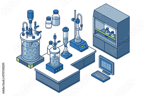 Scientific research lab workspace with chemical apparatus, bioreactors, and fume hood in isometric view