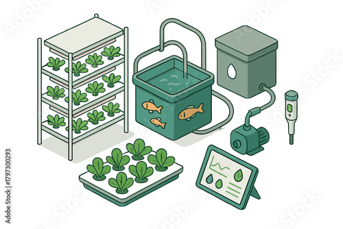 Modern aquaponics system setup with vertical hydroponic shelves, fish tank, pump, and control panel