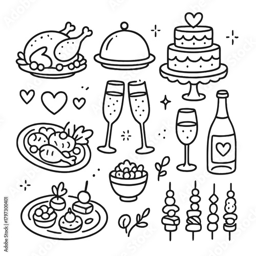 Doodle set of festive dinner elements including cake, roasted chicken, champagne, and appetizers