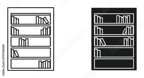 Bookshelf icon with books, education symbol, linear and solid black vector illustration, knowledge concept