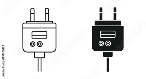 Electrical power adapter charger plug icon set, outline and solid glyph, for electronic device charging and power.