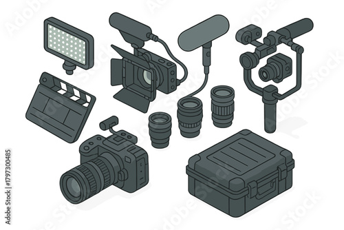 Isometric set of video production gear featuring cameras, lenses, stabilizer, clapperboard, and lighting