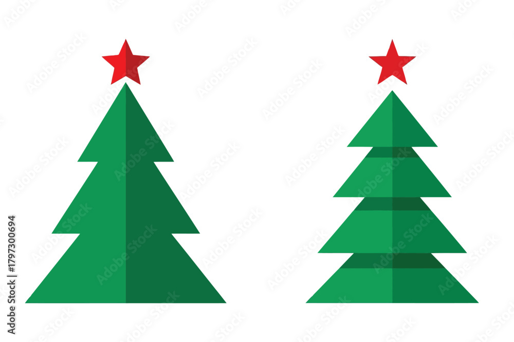 Obraz premium Two stylized green christmas trees with red stars on top