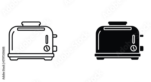 Modern toaster kitchen appliance outline and solid glyph icons set for breakfast and cooking concepts