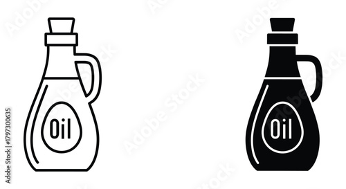 Cooking oil bottle with cork stopper and handle, line and solid silhouette icons, kitchen ingredient graphic design.