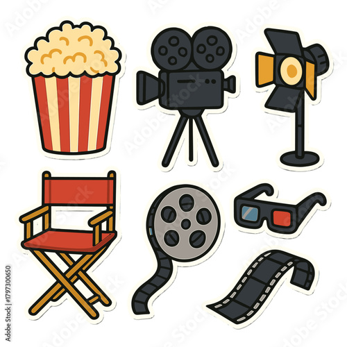 Classic movie production and cinema entertainment equipment collection on white